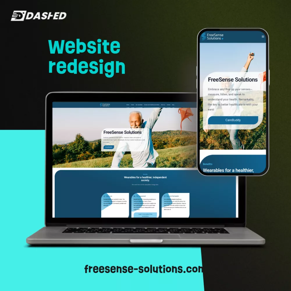 Afbeelding van een website herontwerp voor FreeSense Solutions, getoond op een laptop en smartphone. Bovenin staat "Website redesign" en onderaan de URL "freesense-solutions.com".