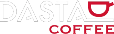 Logo van Dasta Coffee, met een gestileerd koffiekopje geïntegreerd in de naam.