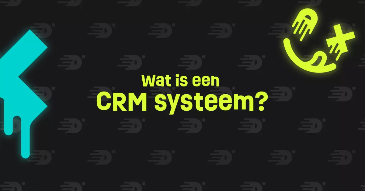 Tekst "Wat is een CRM systeem?" met grafische elementen op een donkere achtergrond.