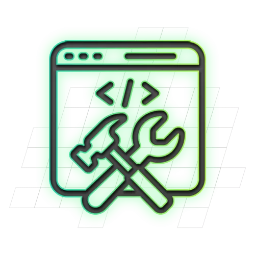 Icoon van een browservenster met HTML-tags en een hamer en moersleutel gekruist, symbool voor webontwikkeling.