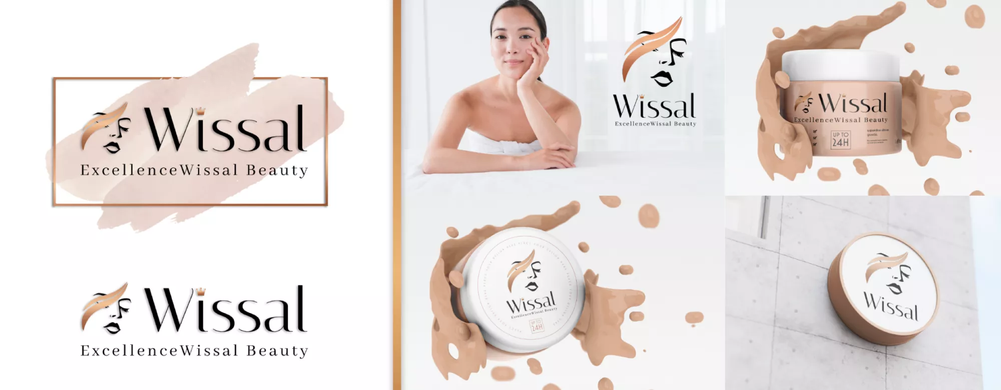 Collage van het cosmeticamerk Wissal, met logo's, een vrouw naast het logo, en productverpakkingen met vloeistofspetters.