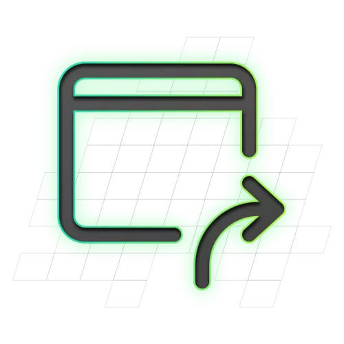 Een groen vierkant pictogram met een pijl die naar rechts wijst, symbool voor delen of exporteren. Op de achtergrond zijn transparante rasterlijnen zichtbaar.