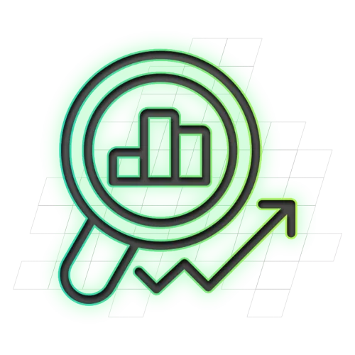 Vergrootglas met grafiek en stijgende pijl, symbool voor data-analyse en groei, op een groene achtergrond.