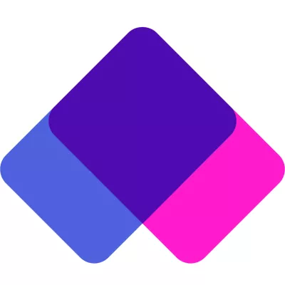 Twee overlappende ruiten, links blauw en rechts roze, in het midden paars door de overlap.