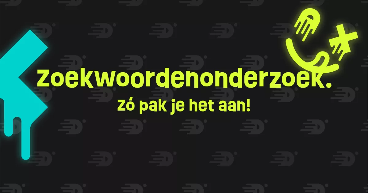 Achtergrond met patroon en neonwoorden: "Zoekwoordenonderzoek. zó pak je het aan!" met decoratieve elementen.