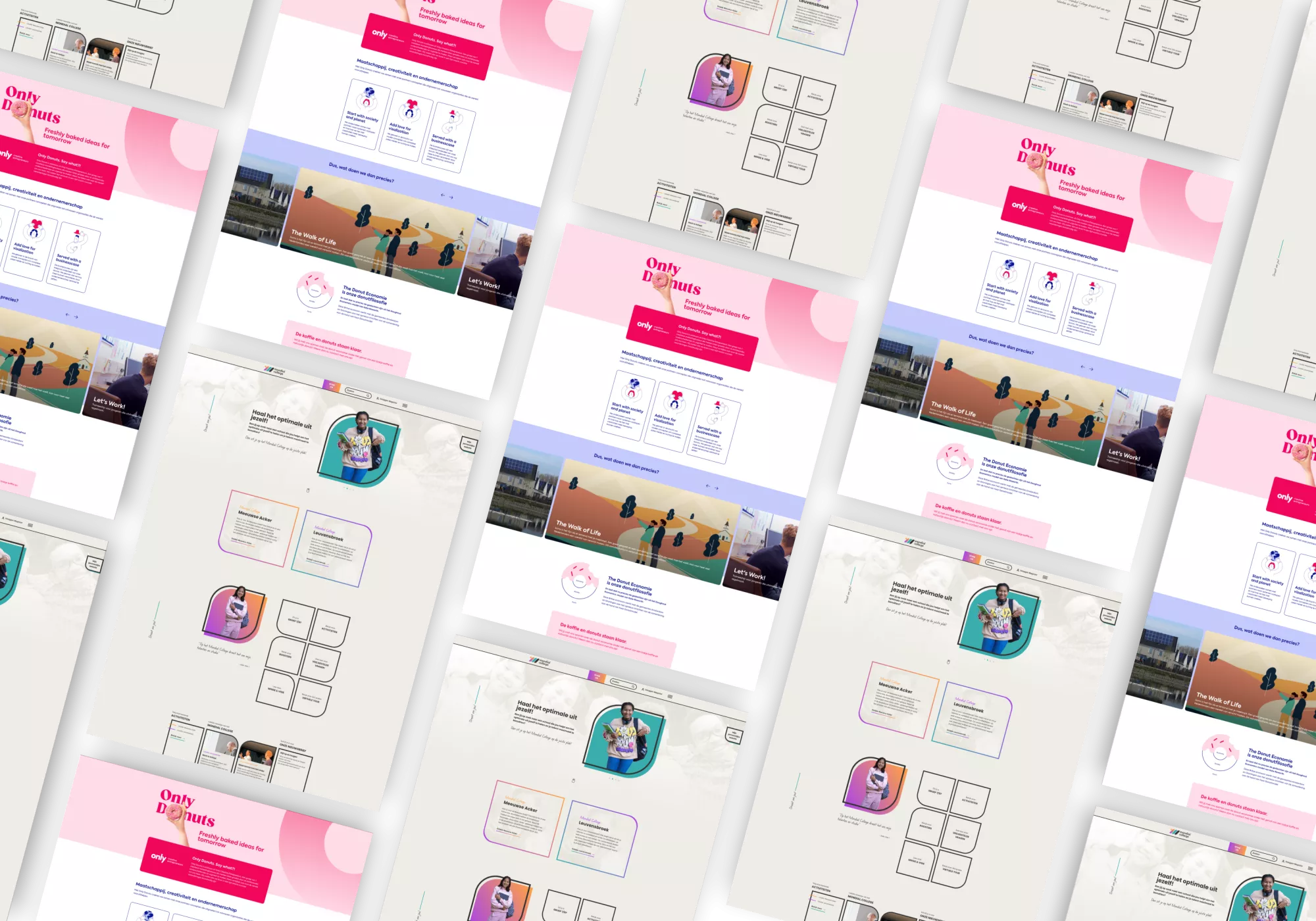 Collage van meerdere digitale presentatiepagina's met kleurrijke ontwerpen, tekstvakken en illustraties. De pagina's bevatten informatie en visuals gerelateerd aan creativiteit en samenwerking.