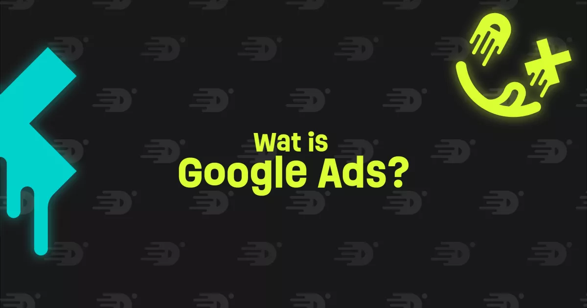 Lichtgevende tekst "Wat is Google Ads?" op een donkere achtergrond met abstracte elementen.