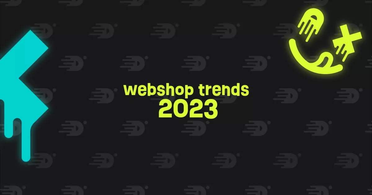 Zwarte achtergrond met groene tekst "webshop trends 2023" in het centrum, omgeven door abstracte vormen.