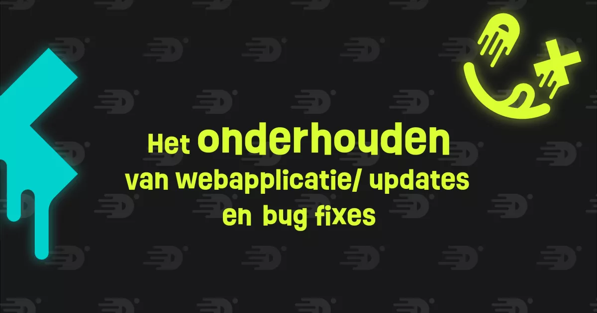 Achtergrond met patroon, blauwe en gele symbolen en tekst: "Het onderhouden van webapplicatie/updates en bug fixes."