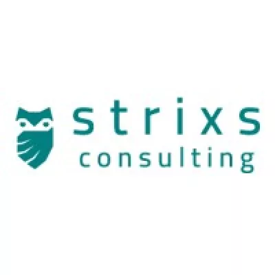 Logo van Strixs Consulting met een groene uil en tekst.