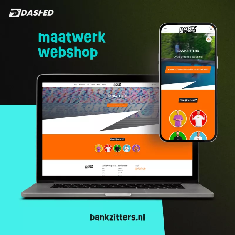 Laptop en smartphone tonen de Bankzitters-webshop met oranje thema en foto's van mensen, samen met de tekst "maatwerk webshop" en "bankzitters.nl".