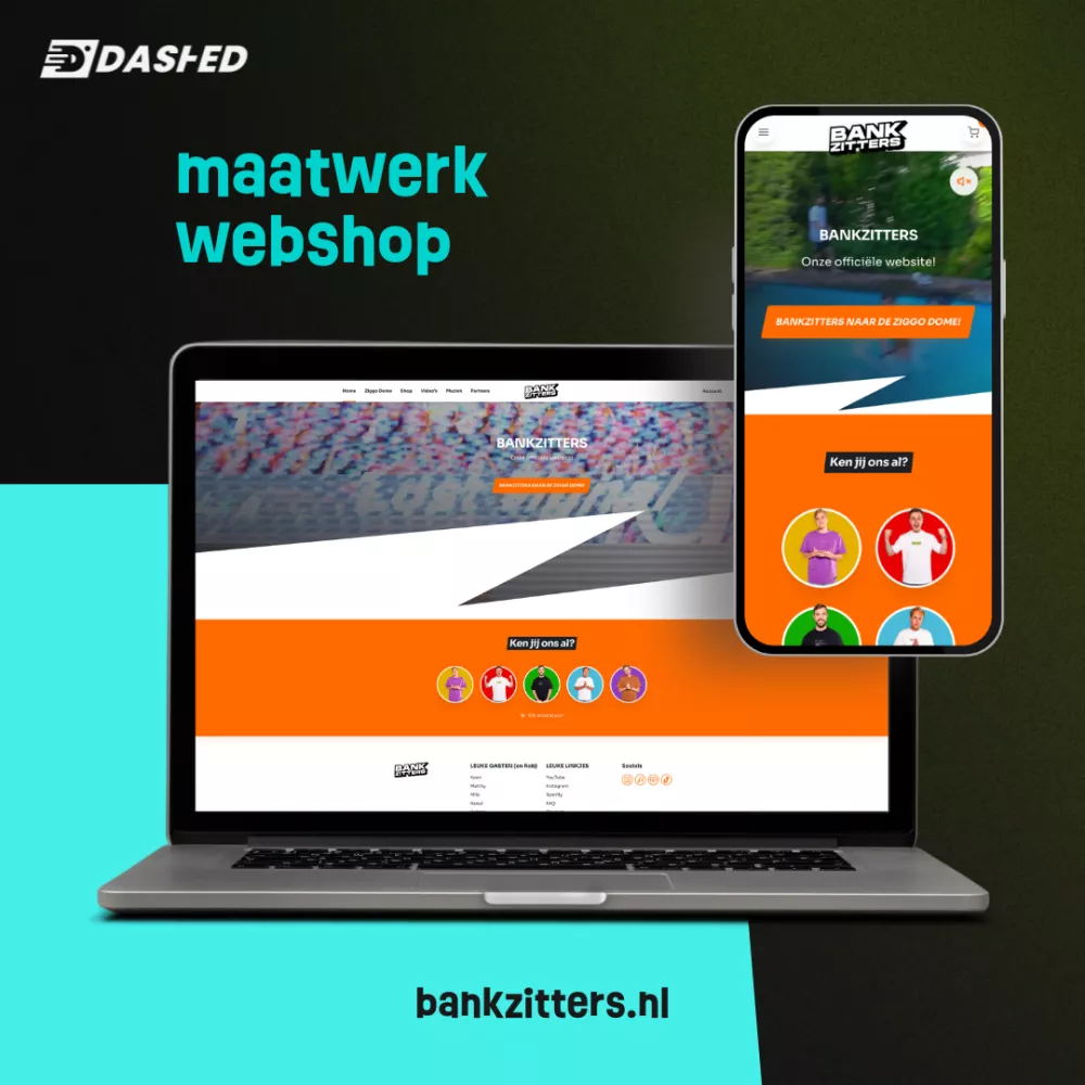 Laptop en smartphone tonen de Bankzitters-webshop met oranje thema en foto's van mensen, samen met de tekst "maatwerk webshop" en "bankzitters.nl".