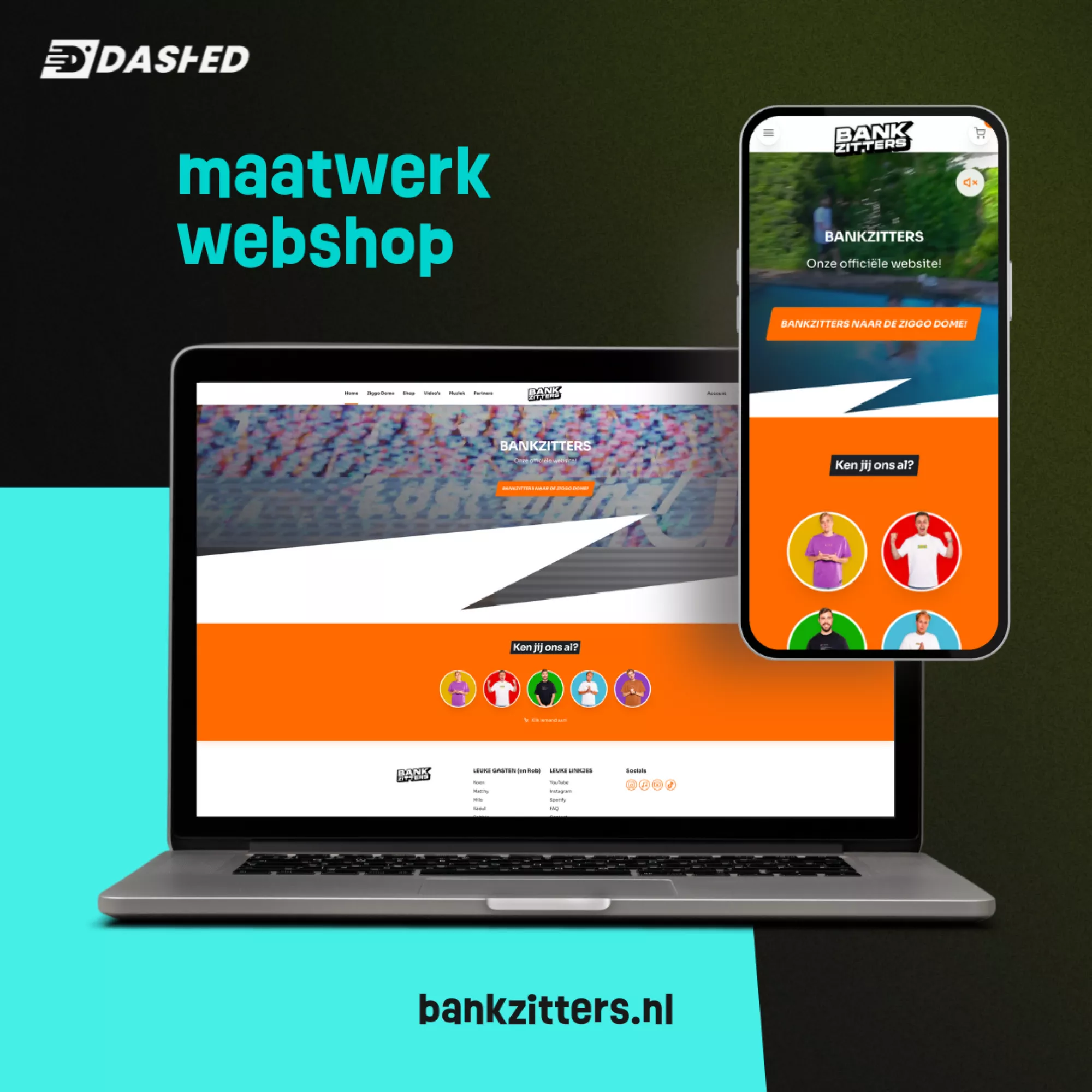 Laptop en smartphone tonen de Bankzitters-webshop met oranje thema en foto's van mensen, samen met de tekst "maatwerk webshop" en "bankzitters.nl".