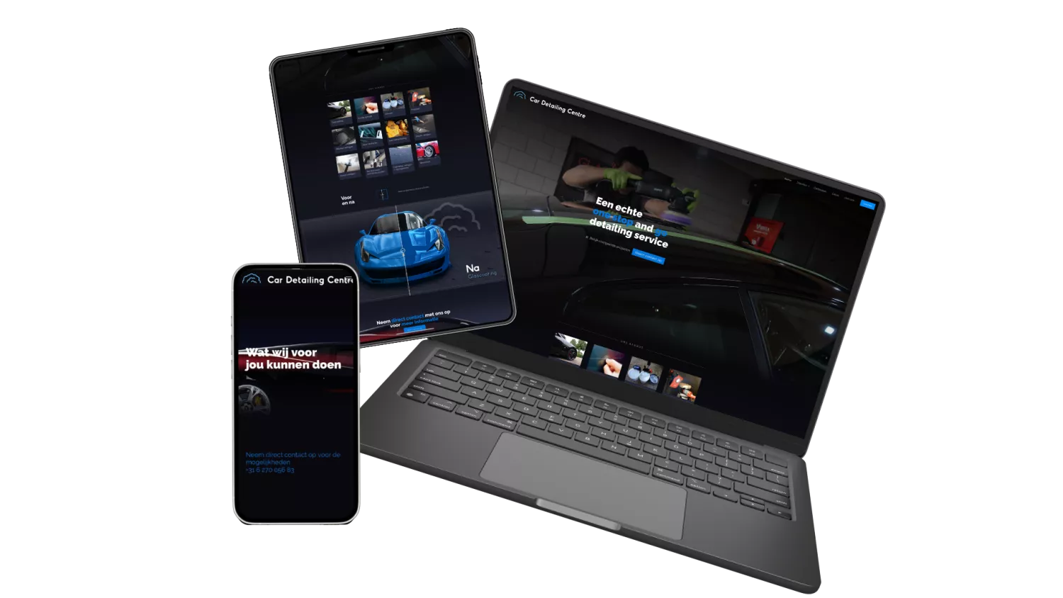 Drie schermen tonen een website voor een autodetailingservice. De laptop, tablet en telefoon tonen afbeeldingen van auto's en services.