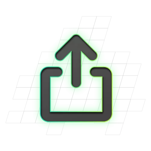 Een uploadpictogram met een grijze pijl omhoog, geplaatst boven een geometrisch raster en groene achtergrond.