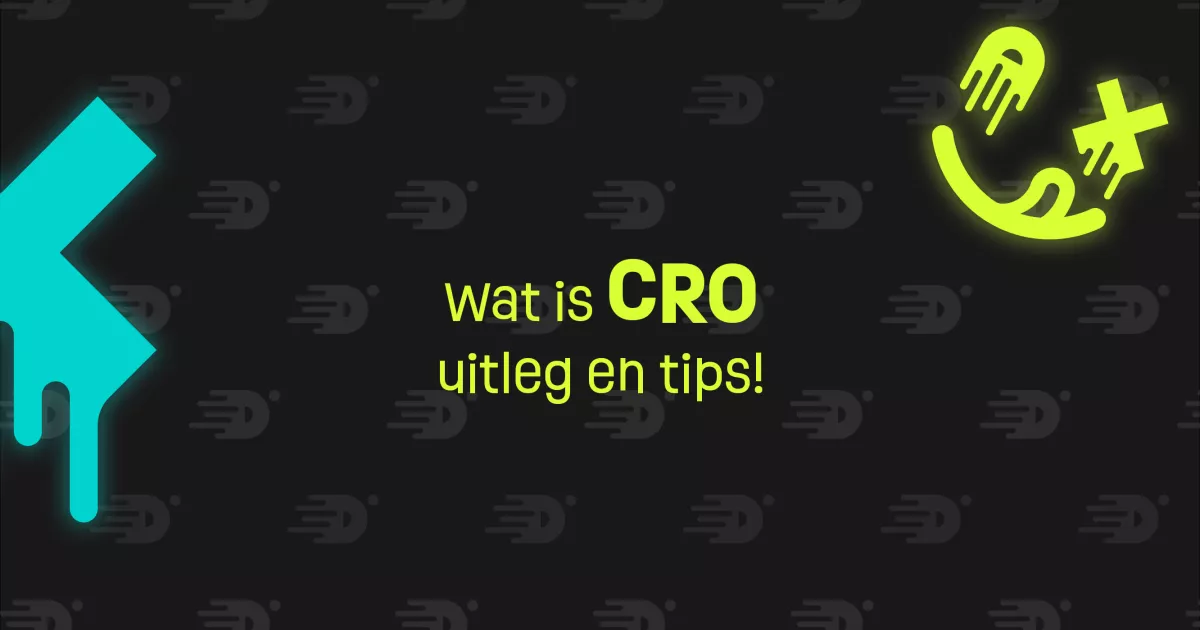 Afbeelding met de tekst "Wat is CRO uitleg en tips!" op een donkere achtergrond, met neonachtige blauwe en gele grafische elementen.
