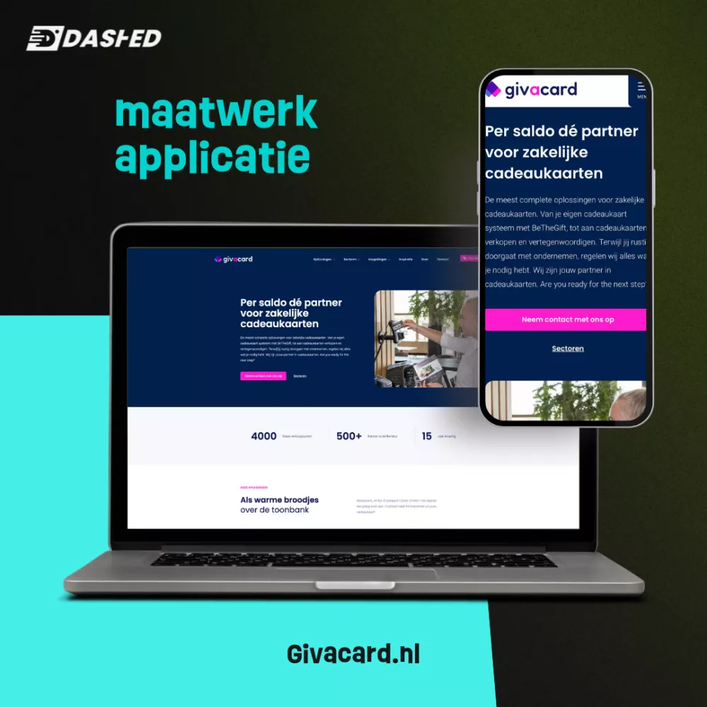 Een laptop en een smartphone met de Givacard-website, gericht op zakelijke cadeaukaarten. Het ontwerp heeft een donkere achtergrond met felle accenten en tekst over maatwerkapplicaties.
