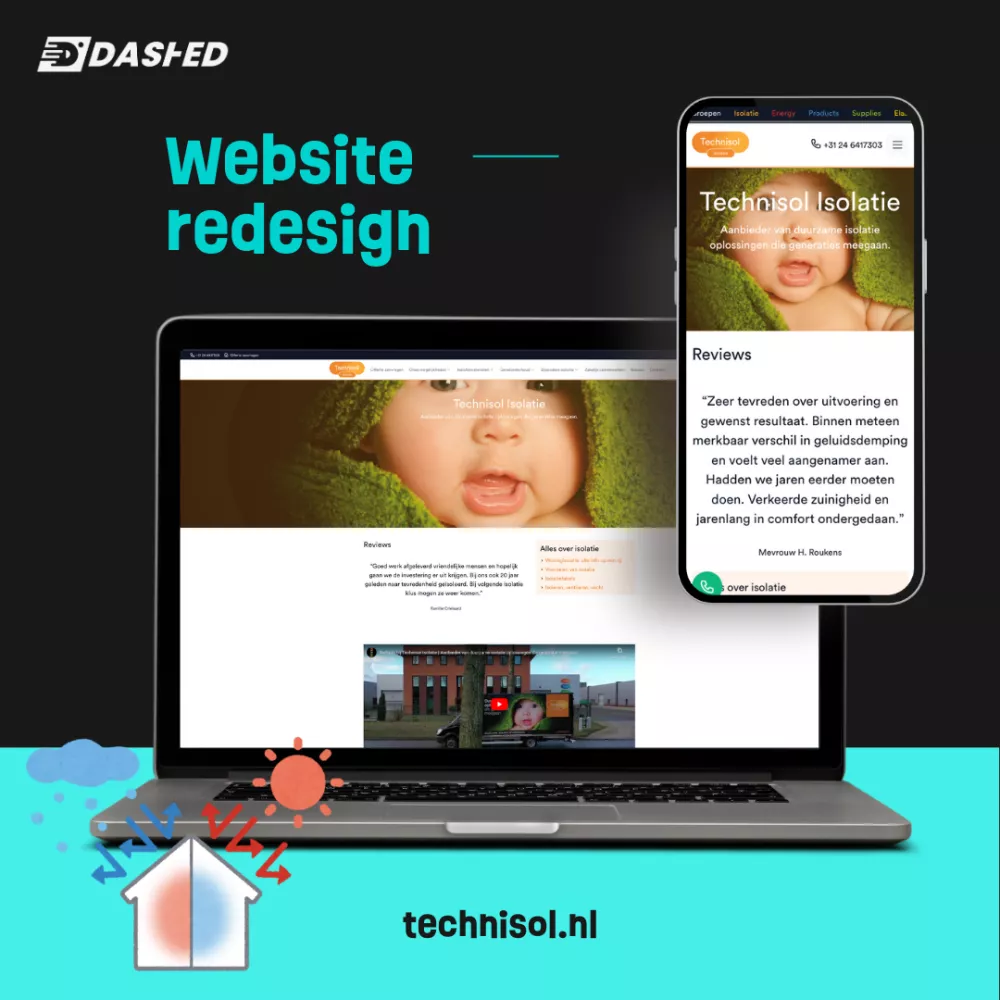 Afbeelding met een laptop en smartphone waarop de vernieuwde website van Technisol Isolatie te zien is, met het logo "Dashed" en de tekst "Website redesign". Op de achtergrond zijn grafische elementen van een huis en weerkaatsen te zien.