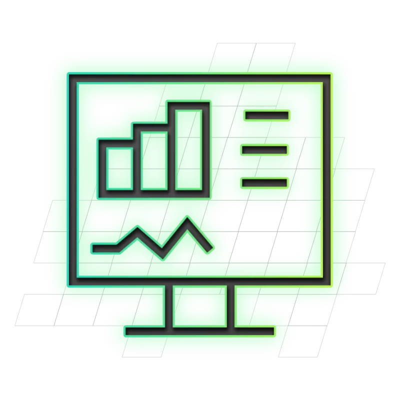 Illustratie van een computerscherm met grafieken en gegevens weergegeven op groene achtergrond.