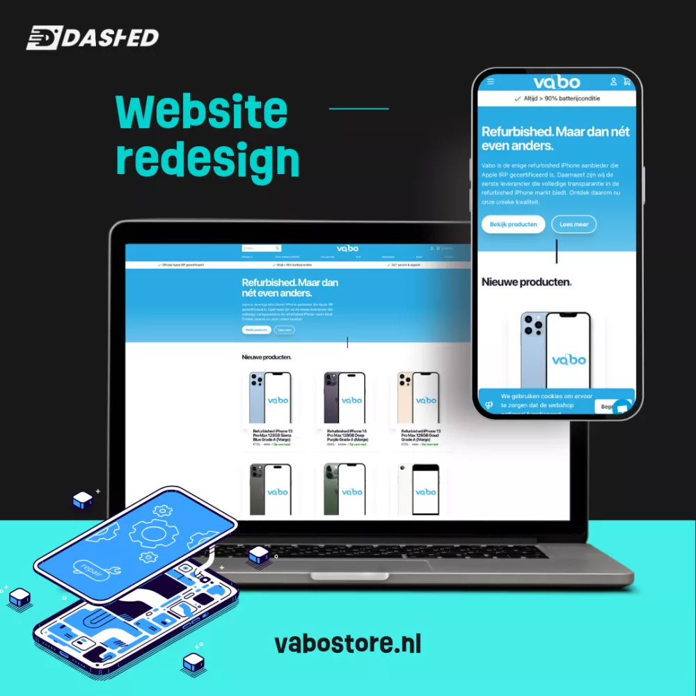 Laptop en smartphone met een vernieuwd website-ontwerp van vabostore.nl. Tekst: "Website redesign" en "Refurbished. Maar dan nét even anders."