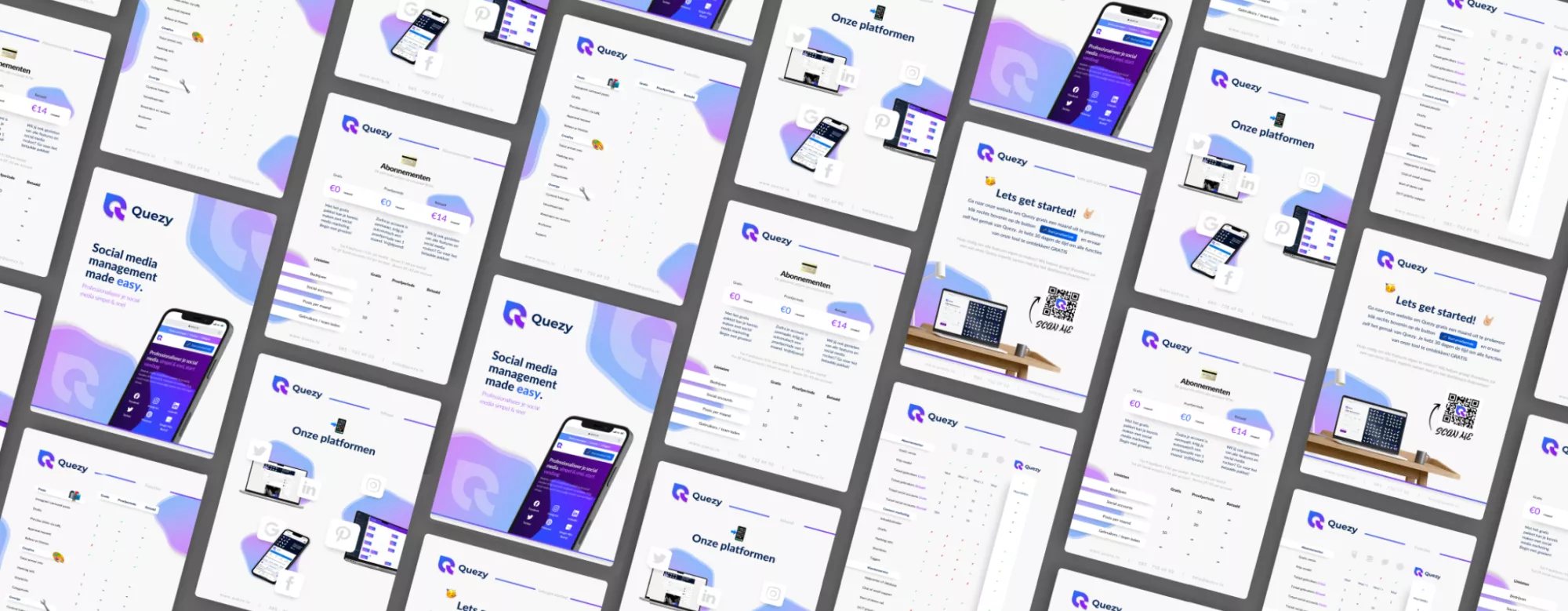 Afbeelding van meerdere overlappende pagina’s van een digitale brochure of presentatie voor "Quezy", een social media management tool, met grafische elementen en prijsinformatie.