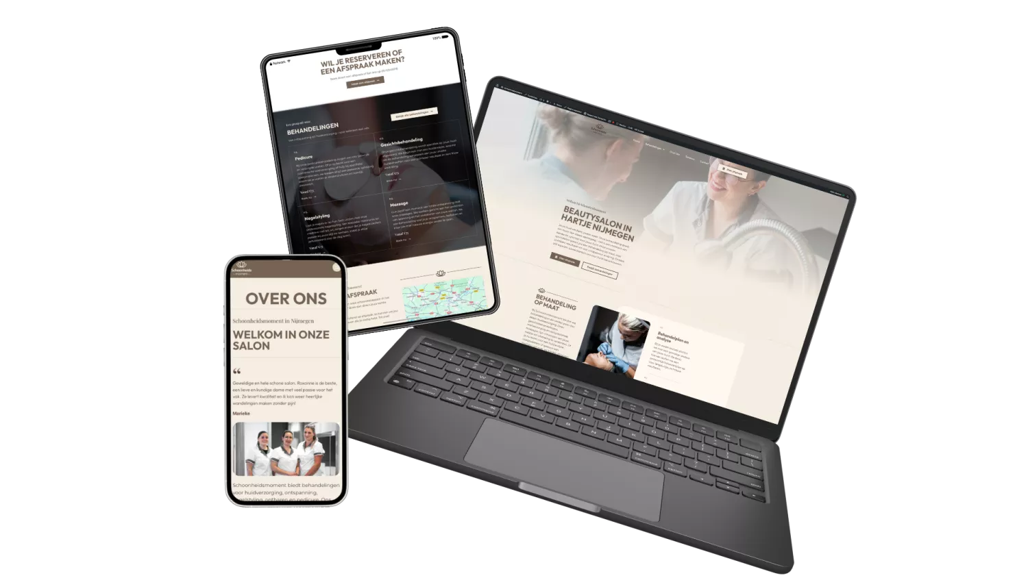 Drie apparaten tonen een website van een beautysalon in Nijmegen: een laptop, een tablet en een smartphone, elk met verschillende pagina's en informatie.