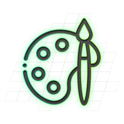 Een zwart schetsachtige tekening van een schilderspalet en penseel op een groene achtergrond met rasterpatroon.