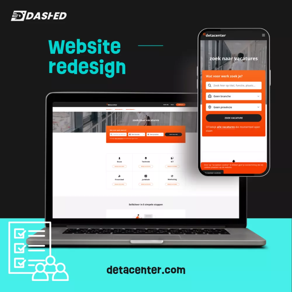 Laptop en smartphone met een herontworpen website voor vacatures zoeken. Tekst: "Website redesign", "detacenter.com".