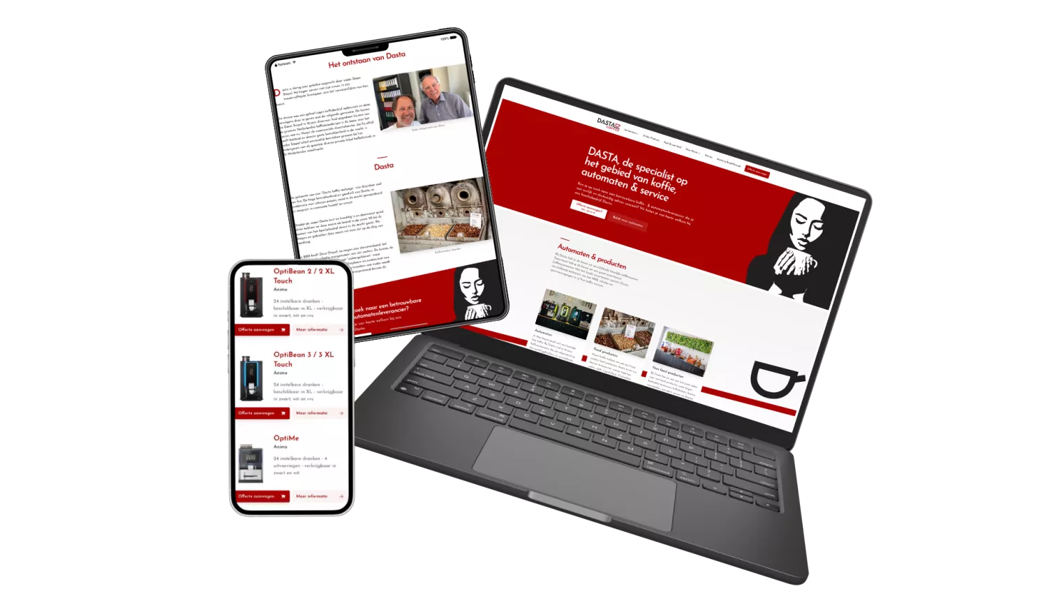 Website van Dasta op een laptop, tablet en smartphone. De site toont koffieautomaten, service-informatie en bedrijfsdetails. De rode en witte kleurstelling valt op.