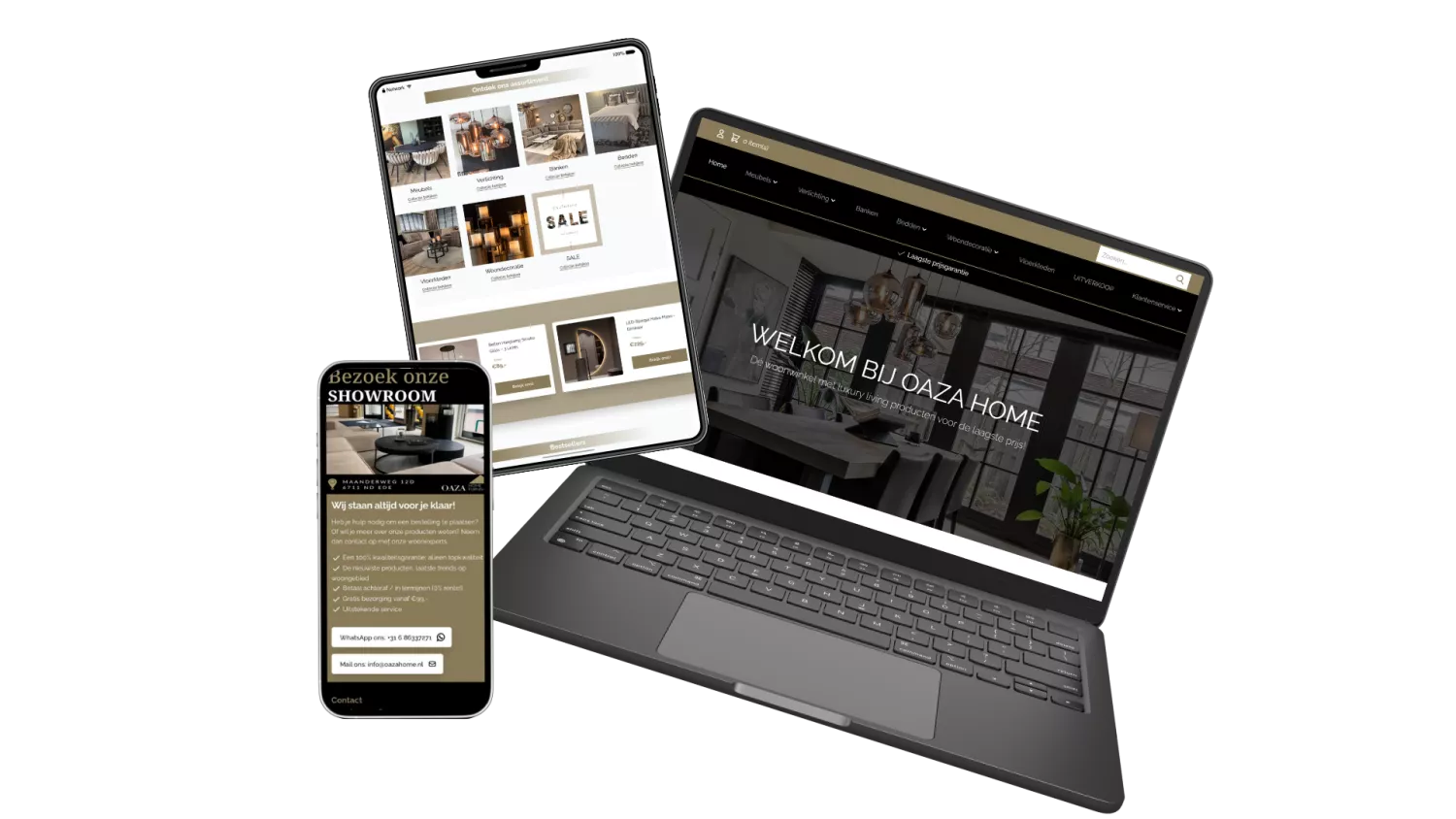 Een smartphone, tablet en laptop met elk de website van Oaza Home op het scherm, die luxe interieurproducten promoot.