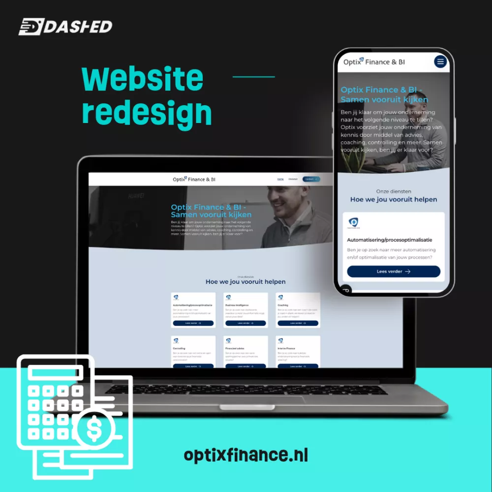 Afbeelding van de herontworpen website van Optix Finance & BI, weergegeven op een laptop en smartphone, met nadruk op dienstenaanbod en een calculator-icoon rechtsonder.
