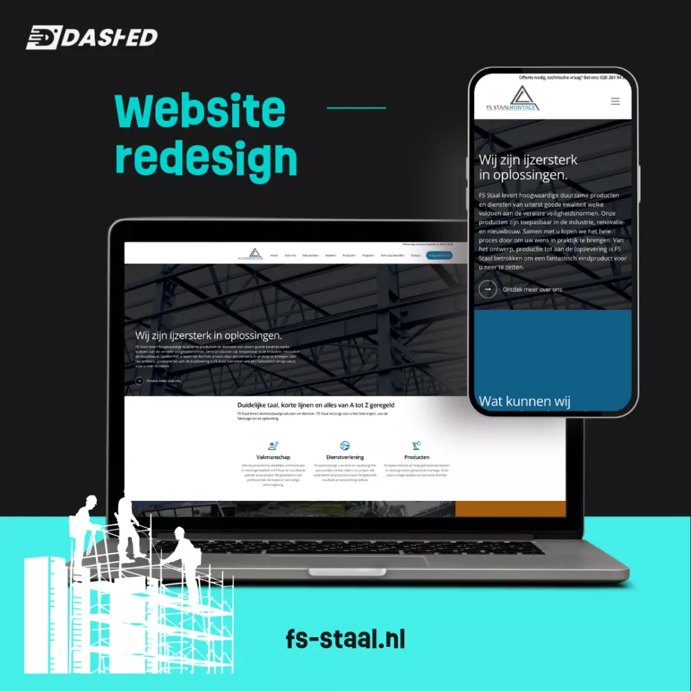 Mockup van een vernieuwde website voor FS Staal op laptop en smartphone, met de tekst "Website redesign" en bouwsilhouetten onderaan.