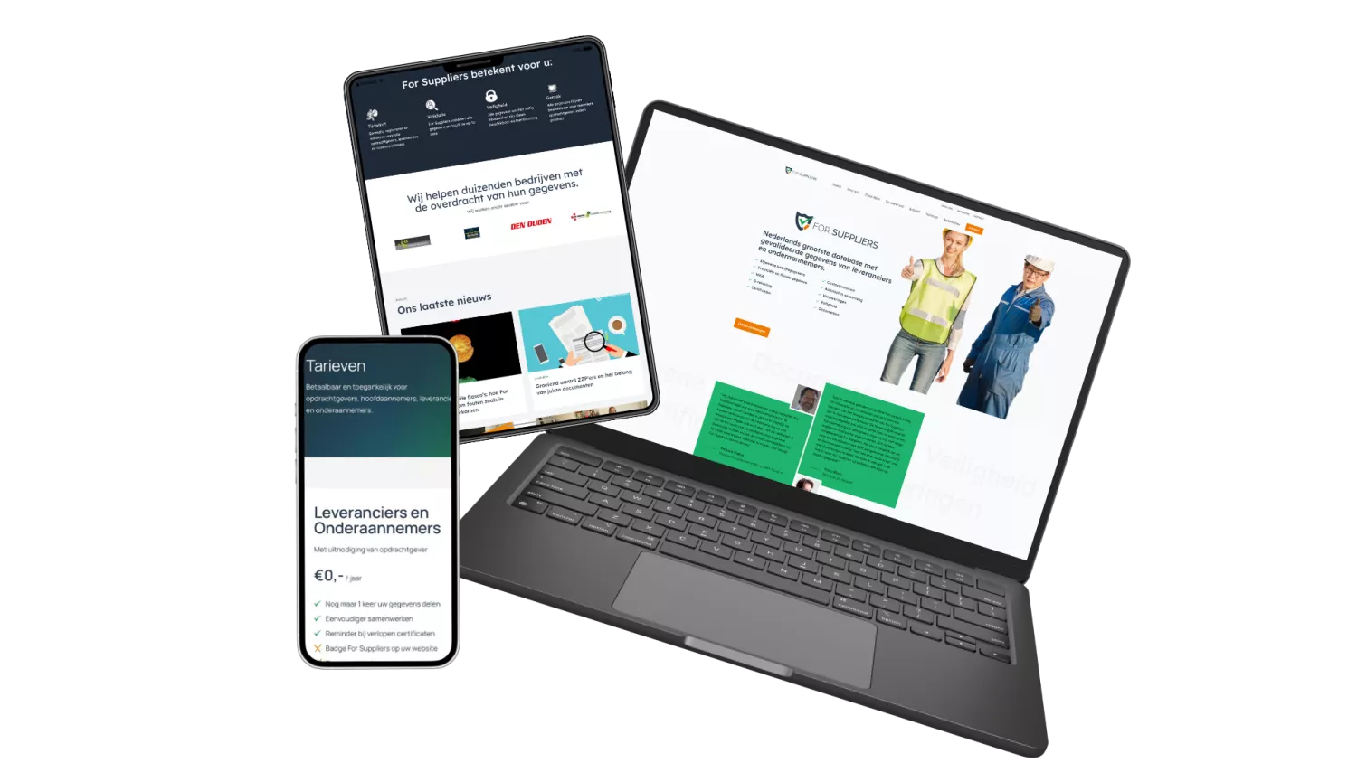 Een smartphone, tablet en laptop tonen verschillende schermen van een website met zakelijke teksten en afbeeldingen van mensen in veiligheidskleding.