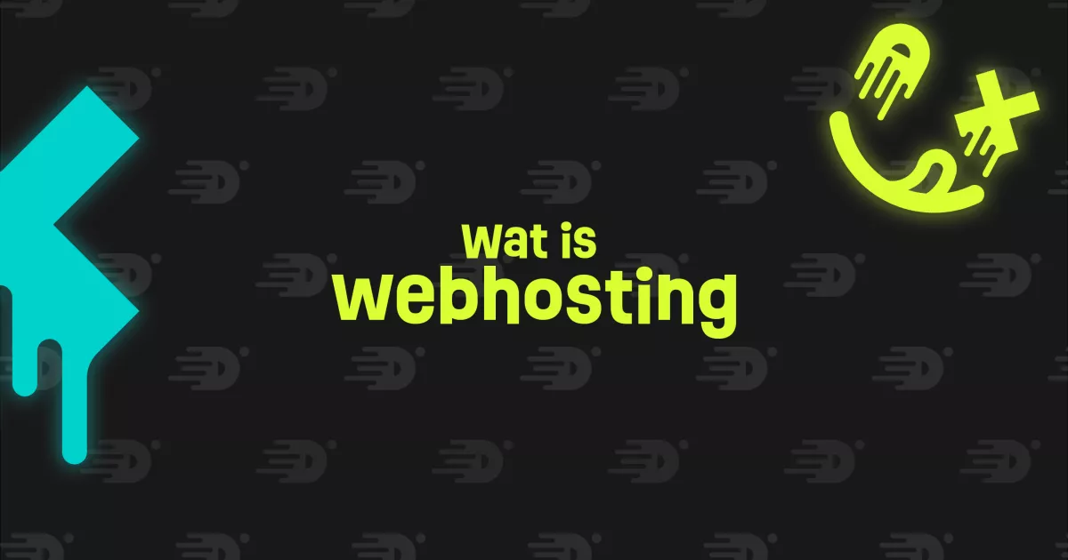Tekst "Wat is webhosting" in felgele letters tegen een donkere achtergrond met abstracte vormen.