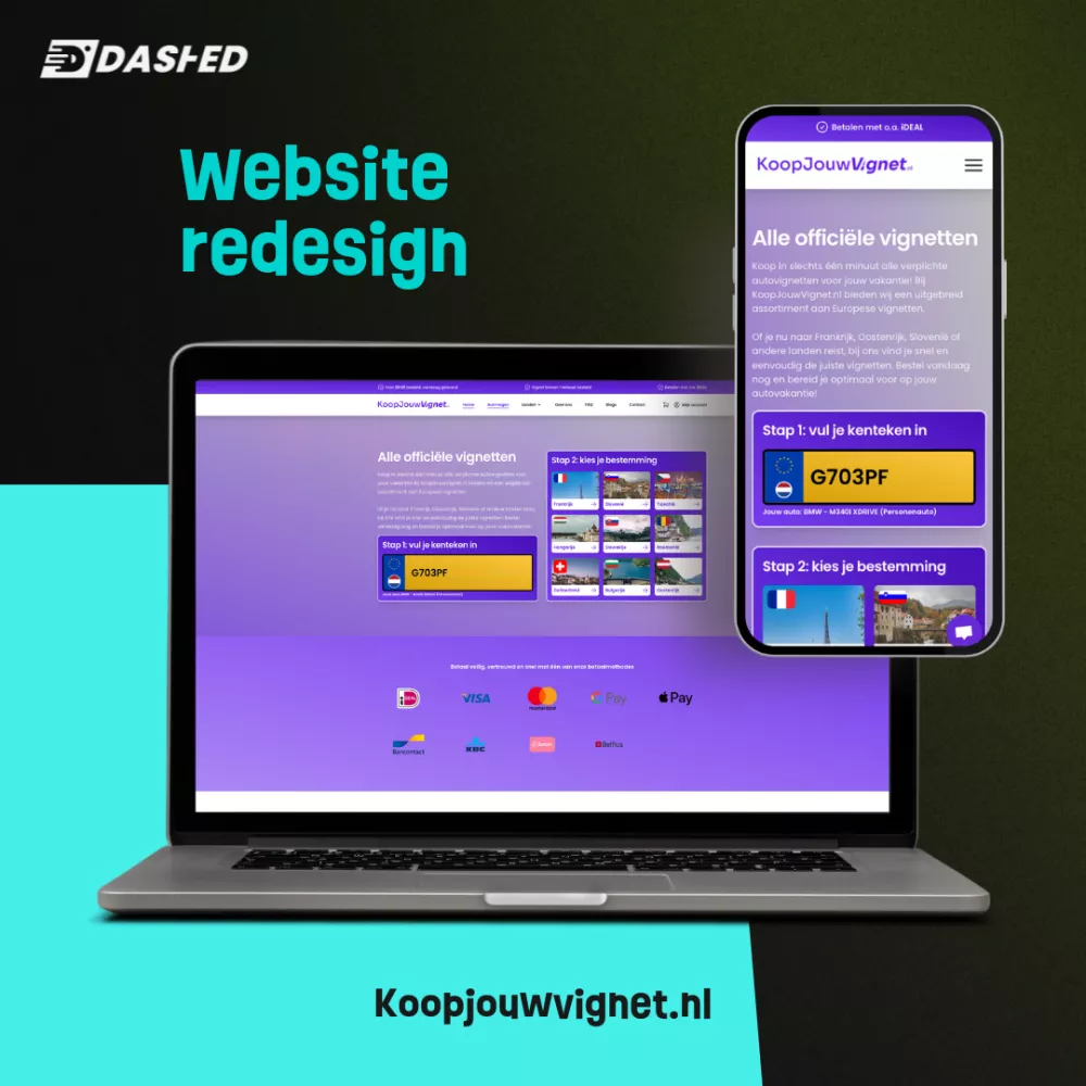 Laptop en smartphone tonen de vernieuwde website van Koopjouwvignet.nl met opties voor het invoeren van een kenteken en het kiezen van een bestemming.