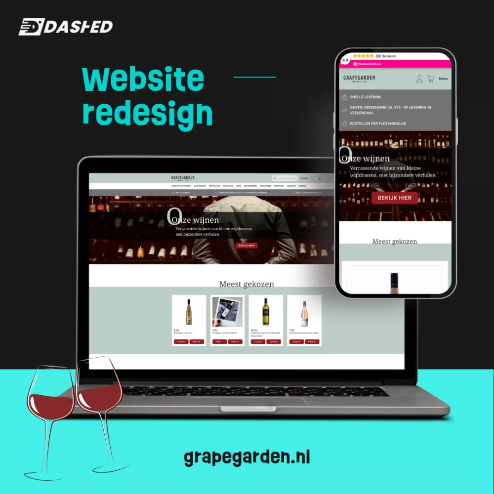 Computer en smartphone tonen een wijnwebsite met tekst "Website redesign" en "grapegarden.nl". Er staan afbeeldingen van wijnflessen onder het kopje "Meest gekozen".