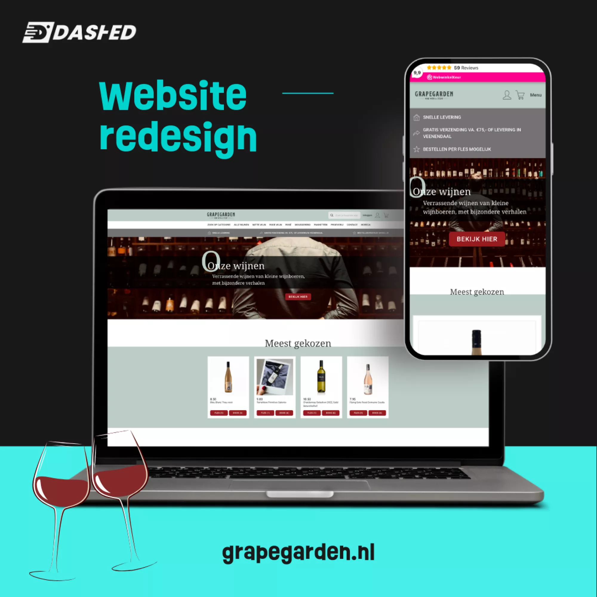 Computer en smartphone tonen een wijnwebsite met tekst "Website redesign" en "grapegarden.nl". Er staan afbeeldingen van wijnflessen onder het kopje "Meest gekozen".