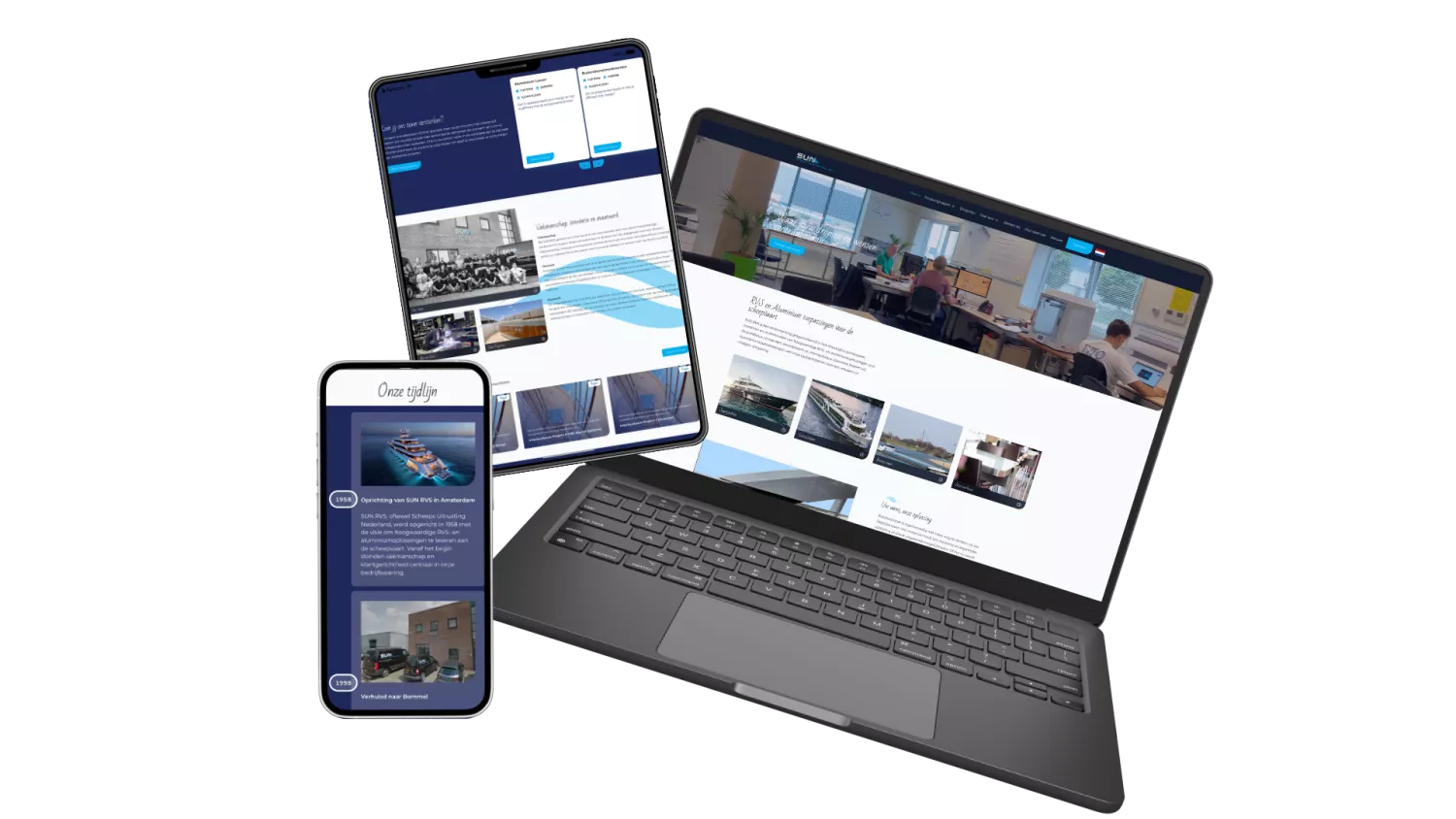 Een mobiele telefoon, tablet en laptop waarop dezelfde website wordt getoond, met afbeeldingen en tekst in een zakelijke context.