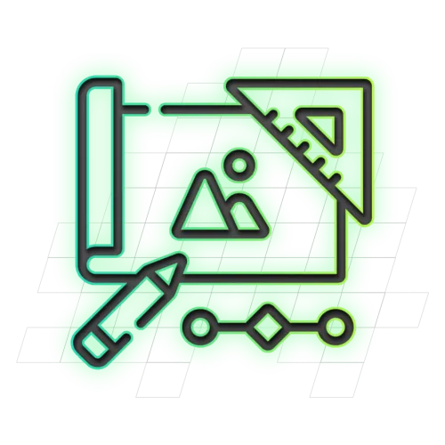 Pictogram van een potlood, lineaal en tekendriehoek op een groen rasterachtergrond, symboliseert ontwerpen en plannen.