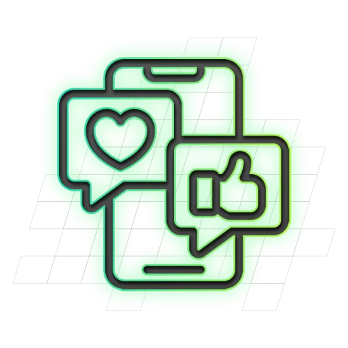 Smartphonepictogram met groene achtergrond, toont chatballonnen met een hartje en een duim omhoog als sociale media-symbolen.