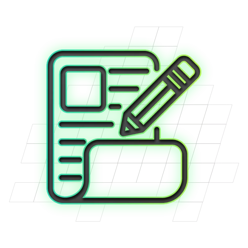 Geïllustreerd groen pictogram van een document met regels en een vierkant vak, naast een potlood.