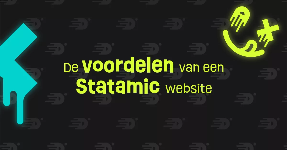 Neon-achtige tekst over de voordelen van een Statamic website, met abstracte vormen op een donkere achtergrond.