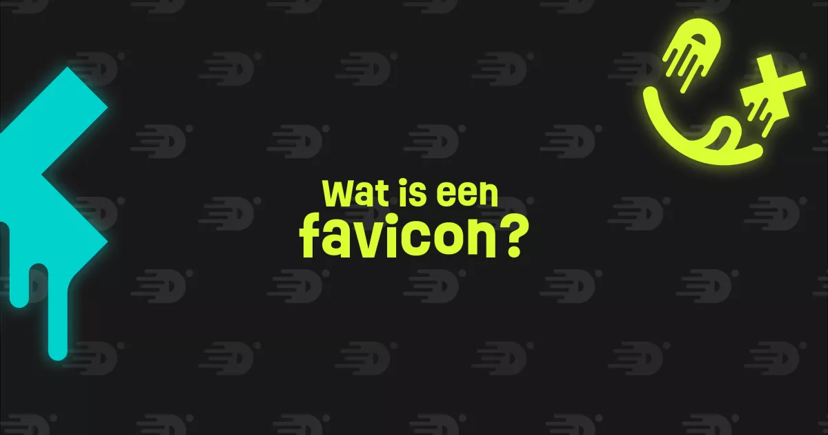 Achtergrond met patroon en een vraag in het midden: "Wat is een favicon?" in gele letters, met een abstract blauw en gele neonvorm aan de zijkanten.