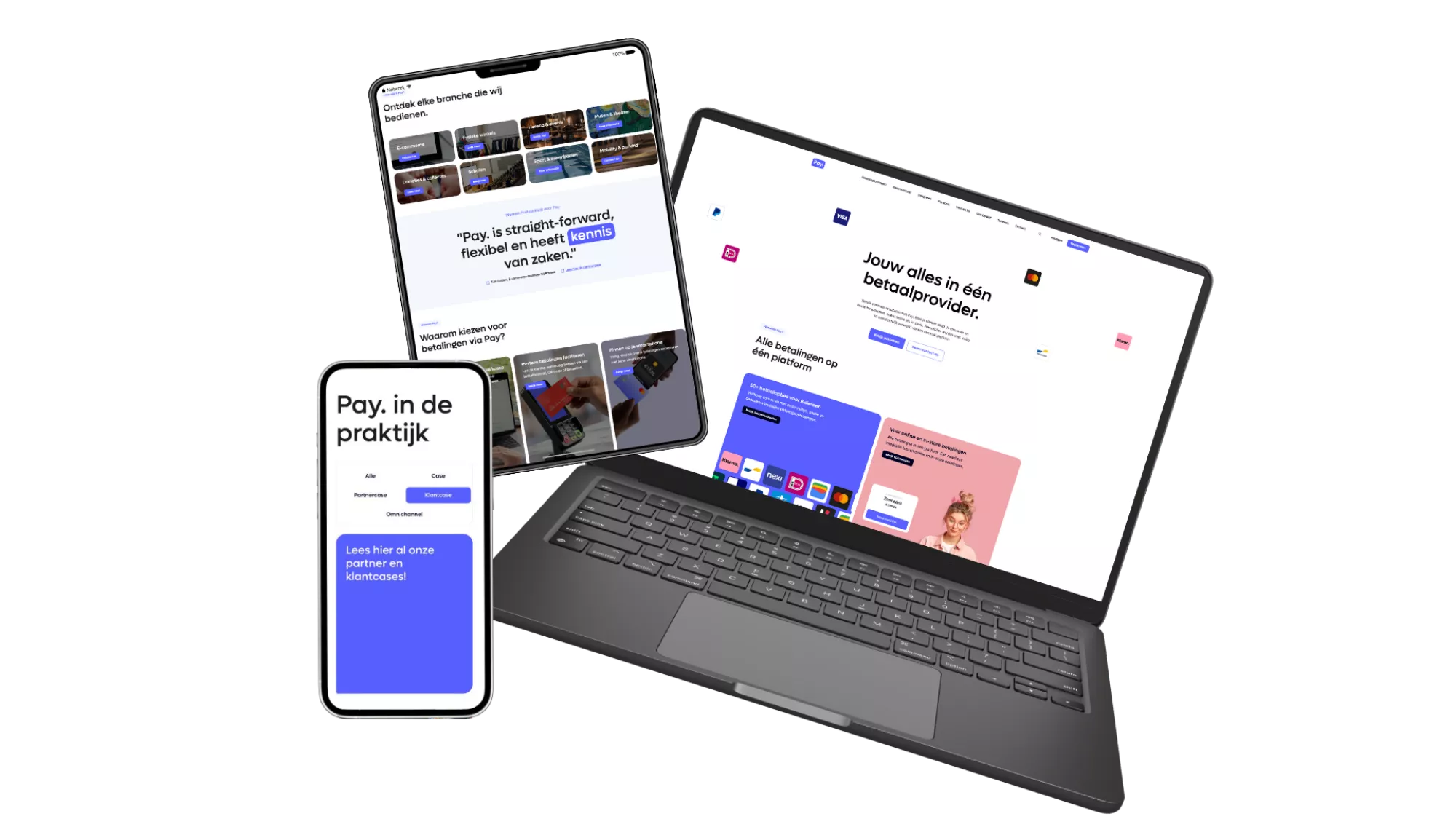 Drie apparaten met openstaande websitediensten voor betalingen; een laptop, tablet en smartphone tonen verschillende schermen en opties.