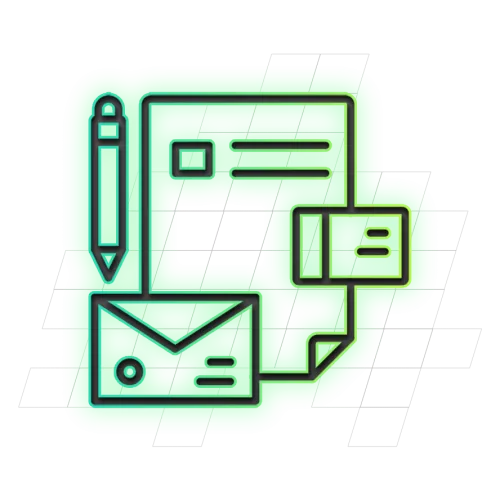 Illustratie van een potlood, e-mail, poststuk en documenten op een groen rasterpatroon.