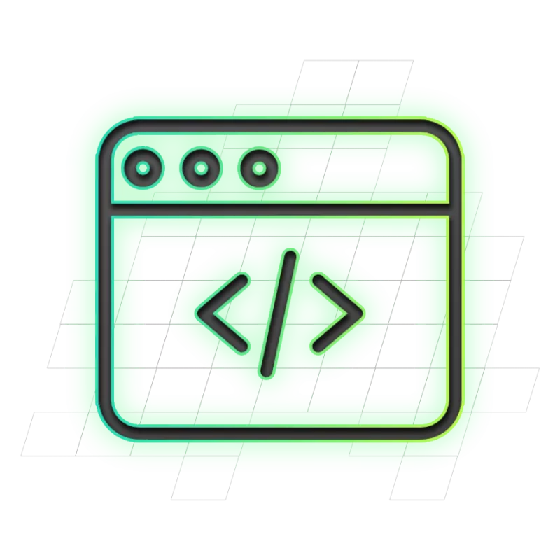 Groene pictogram van een webbrowser met een programmeercode-symbool in het midden.