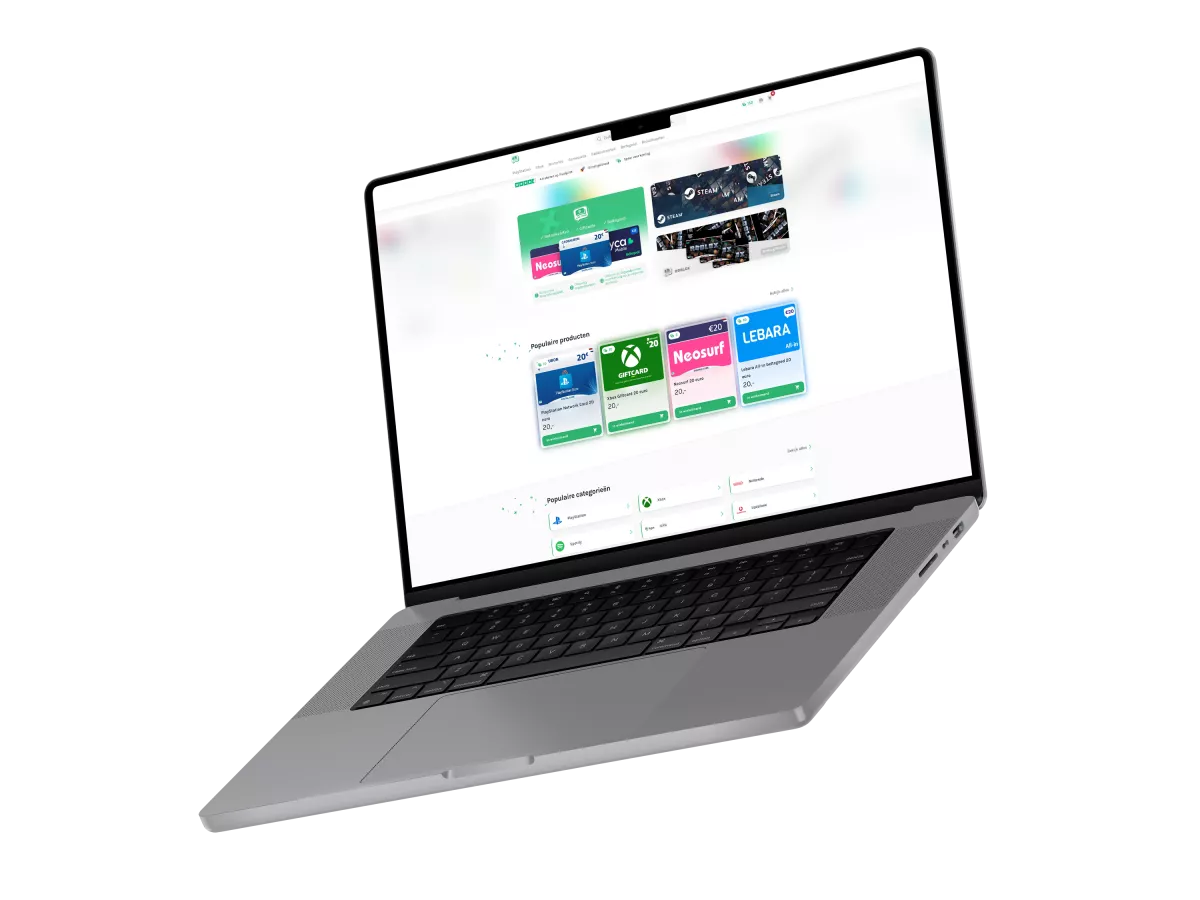 Schuin geplaatste laptop met een scherm dat een website toont met diverse cadeaukaarten en digitale producten.