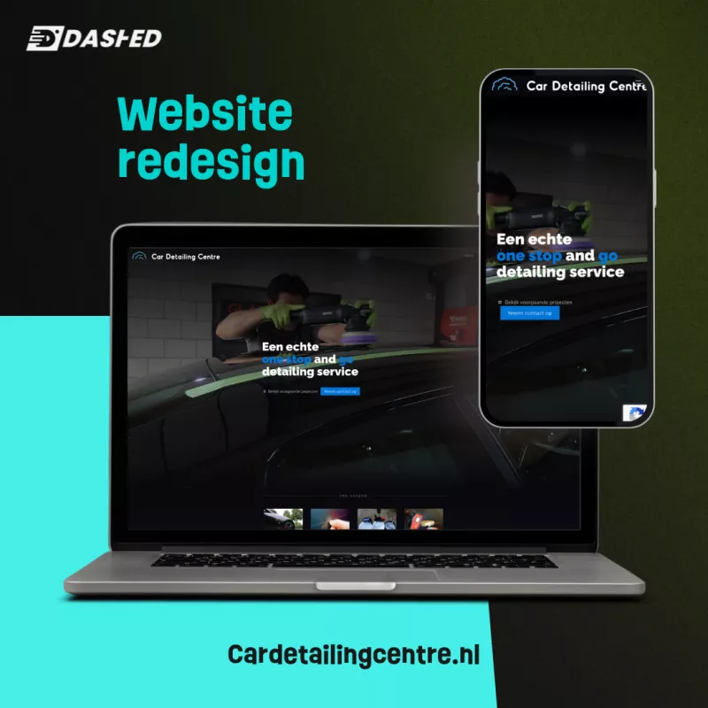 Laptop en smartphone tonen de vernieuwde website van een autodetailservice met de tekst "Een echte one stop and go detailing service."