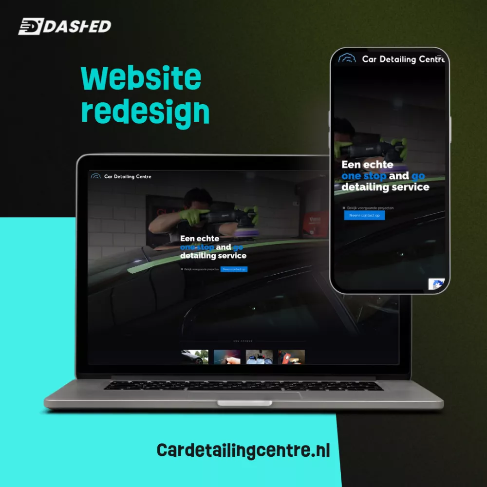Laptop en smartphone tonen de vernieuwde website van een autodetailservice met de tekst "Een echte one stop and go detailing service."