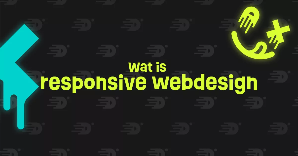 Afbeelding met de tekst "Wat is responsive webdesign" in felgele letters op een zwarte achtergrond met abstracte vormen.